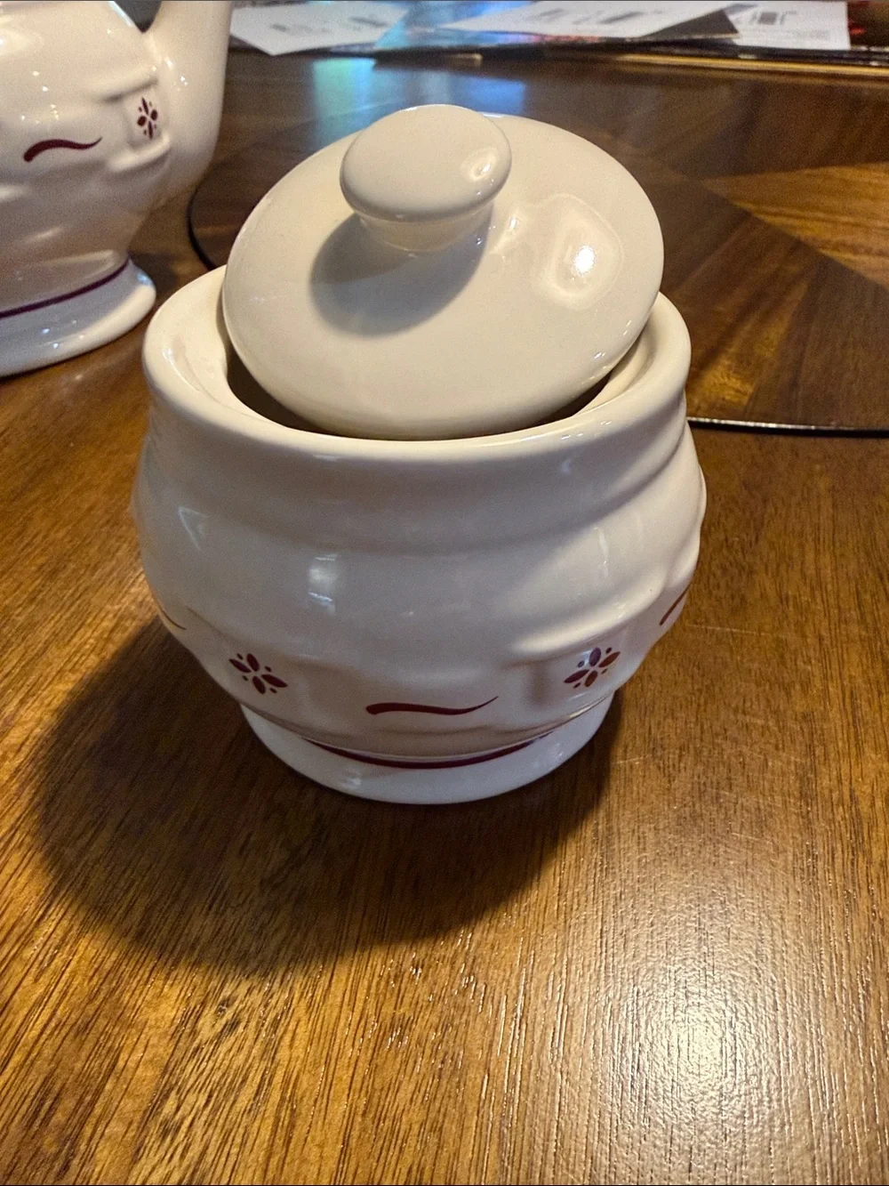 Longaberger White Ceramic Tea Set with Red Floral Accent - 3-Piece